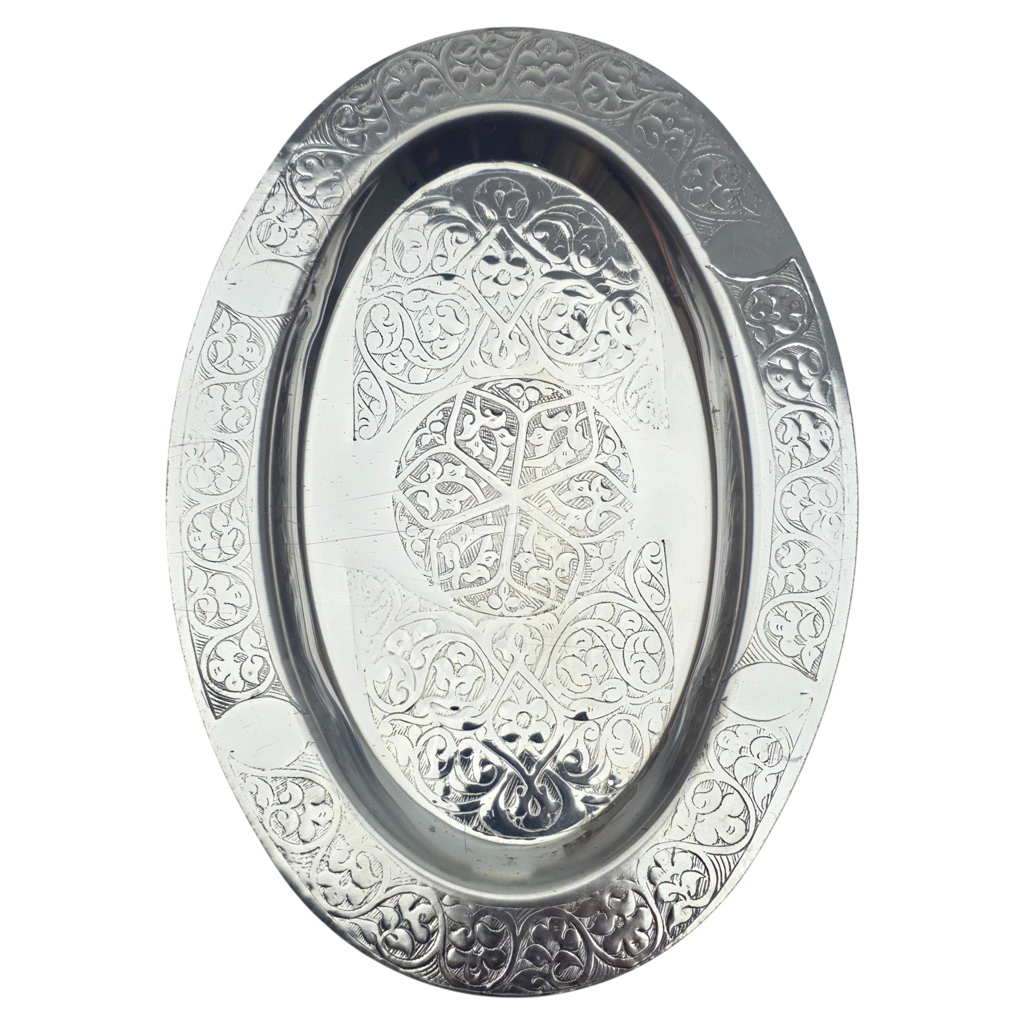 Oval Krom Çelik İskender ve Servis Tabağı – Otantik İşlemeli, 35 cm - Binbir Trend