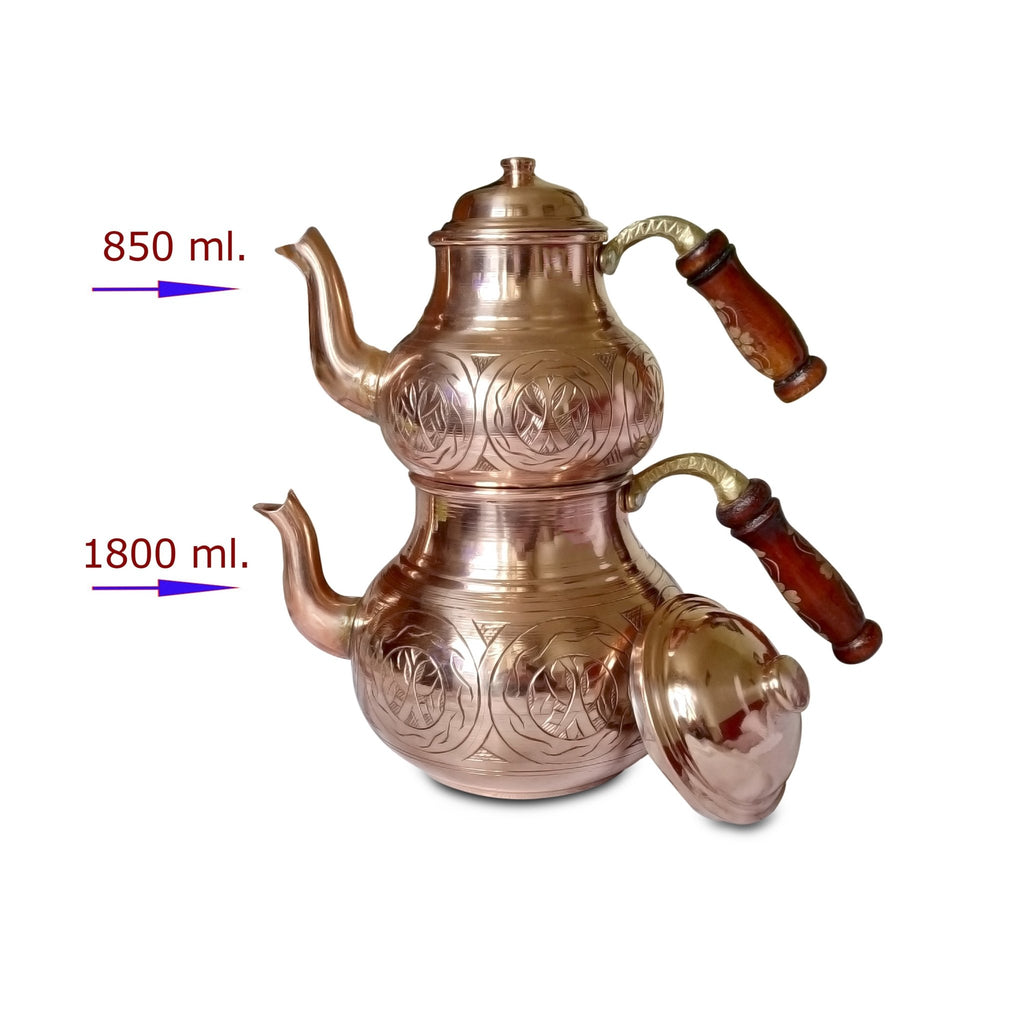 Tahta Saplı Oyma Bakır Çaydanlık Takımı 2,7 Litre - Binbir Trend