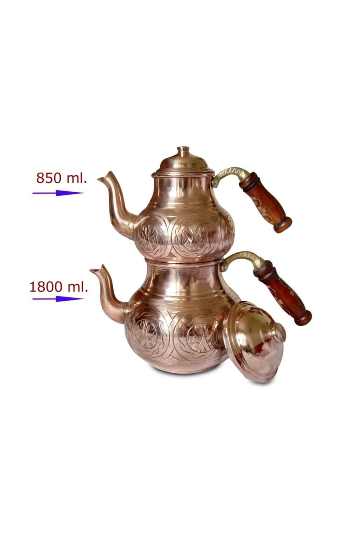 Tahta Saplı Oyma Bakır Çaydanlık Takımı 2,7 Litre - Binbir Trend