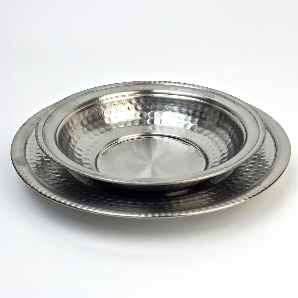 Paslanmaz Çelik 2'li Yemek Tabağı Seti - Lokanta Tipi Krom Çukur Tabak & Altlık (500ml)