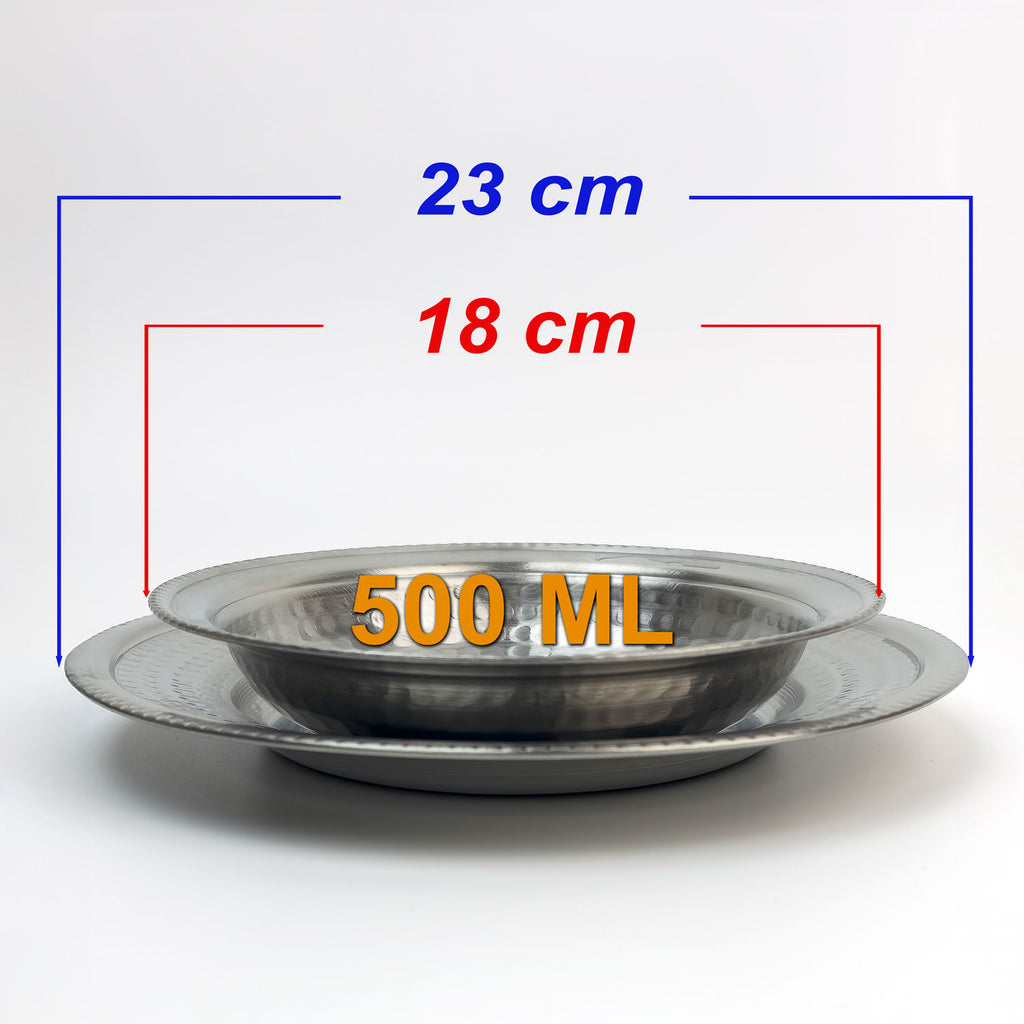 Paslanmaz Çelik 2'li Yemek Tabağı Seti - Lokanta Tipi Krom Çukur Tabak & Altlık (500ml)